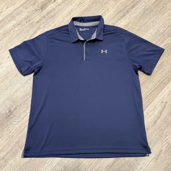 Under Armour Mens HeatGear Polo Shirt Navy Blue Grey Trim XXL 2XL Short Sleeve - Picture 2 of 6